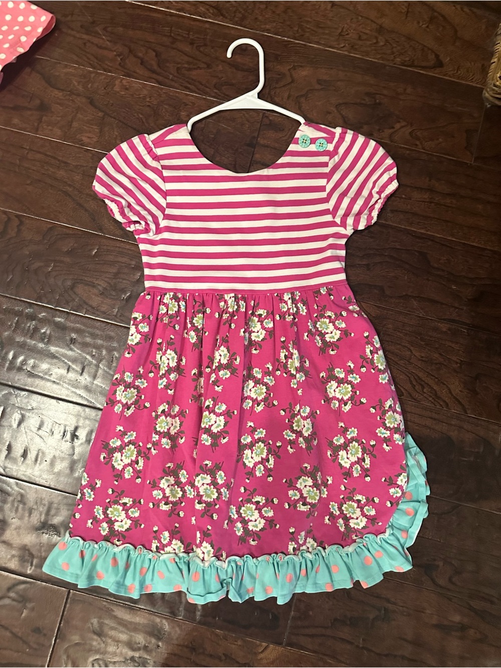 Matilda Jane Pink Striped & Floral Dress with Aqua Ruffle